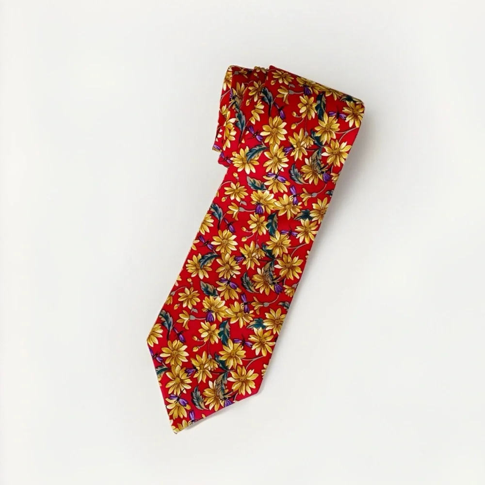 Christian Dior red golden yellow floral dragonfly print silk neck tie - Picture 1 of 5